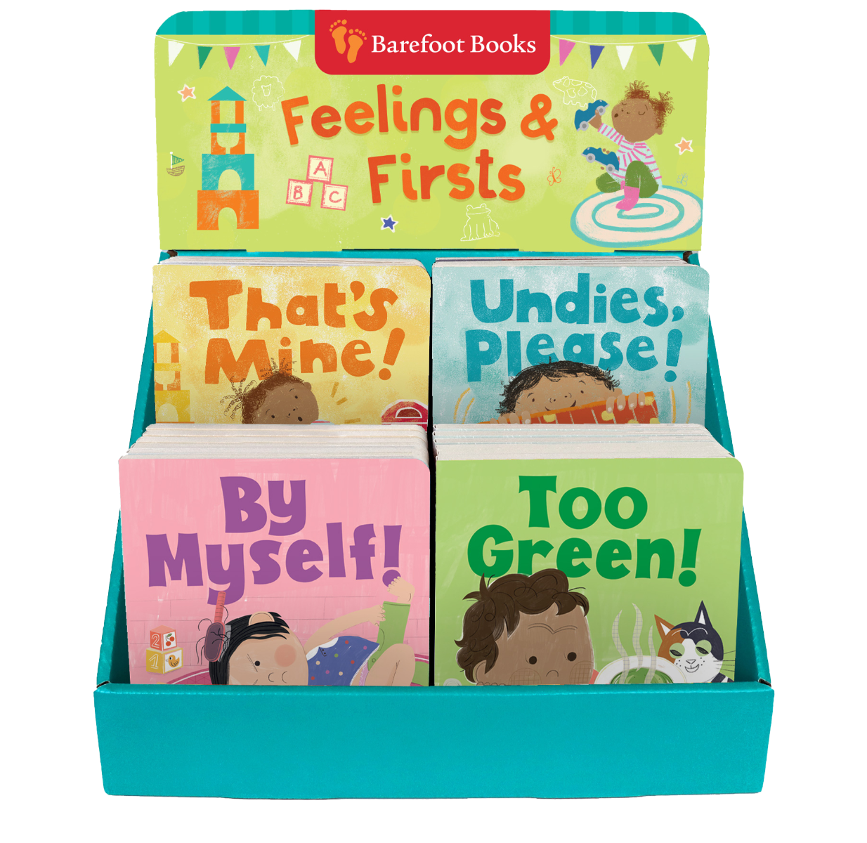 Retail display showcasing four books from the Feelings & Firsts Series