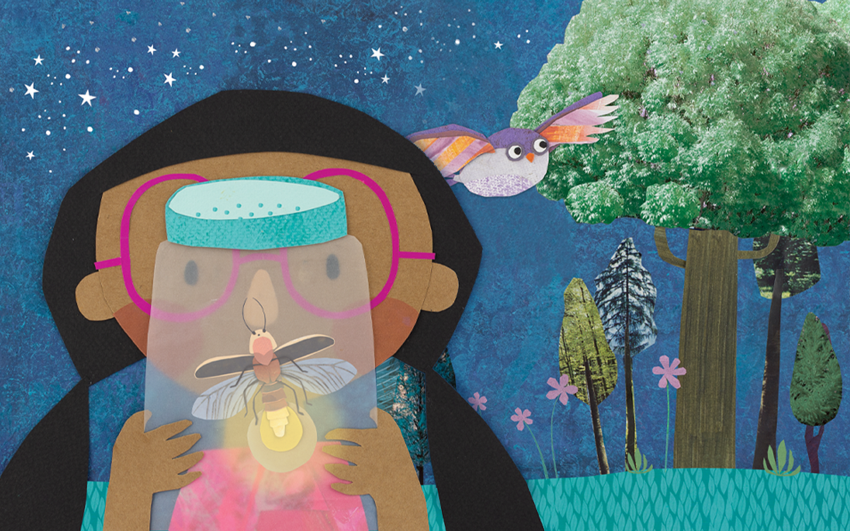 A collage illustration from the picture book called Firefly Galaxy, featuring a little girl holding up a jar with a firefly in it. Behind her is a night scene in a field and an owl flying behind her