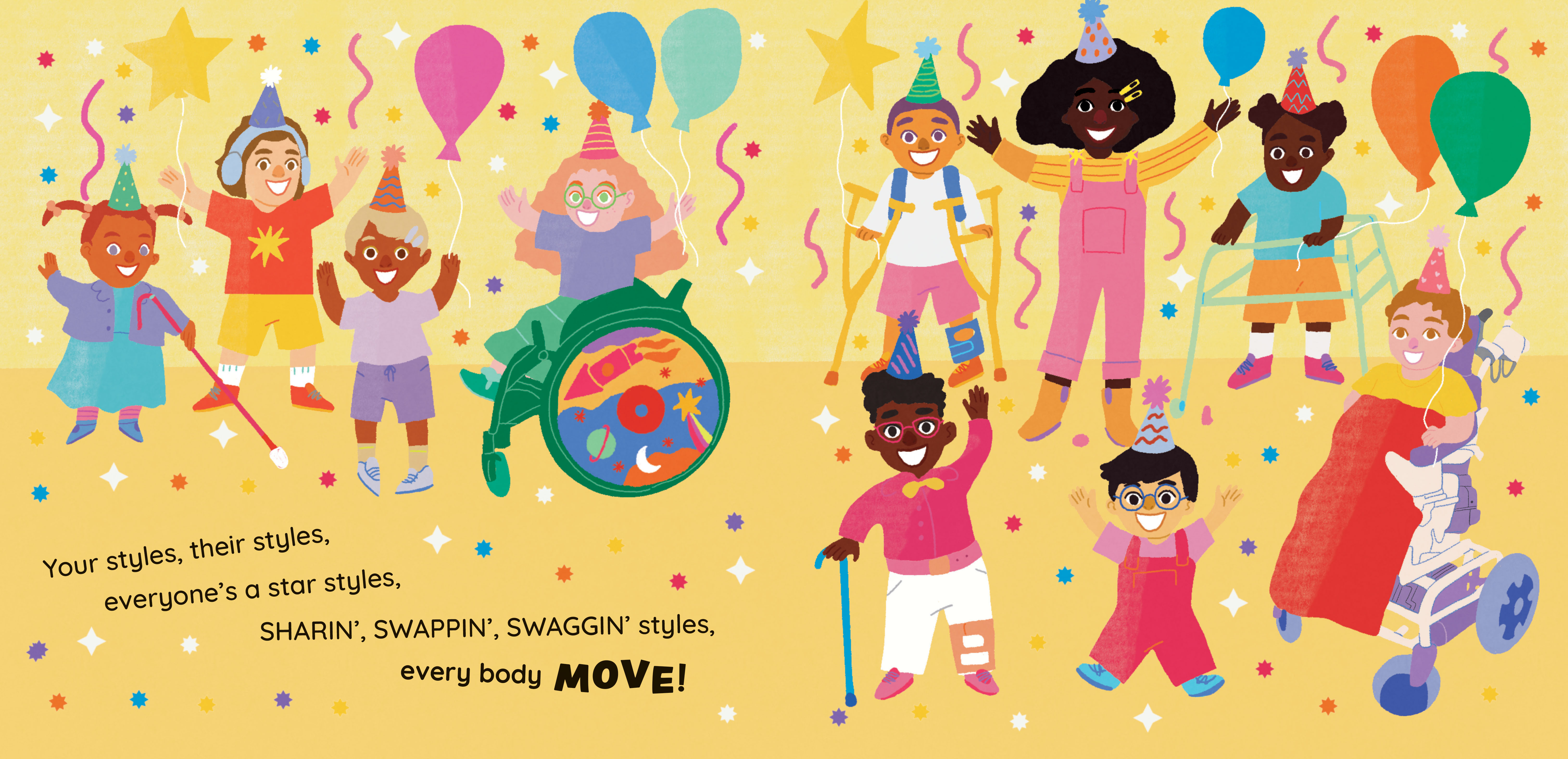 illustration from the childrens book, Every Body Move!, of a group of children in party hats waving to the reader in a room filled with confetti and balloons