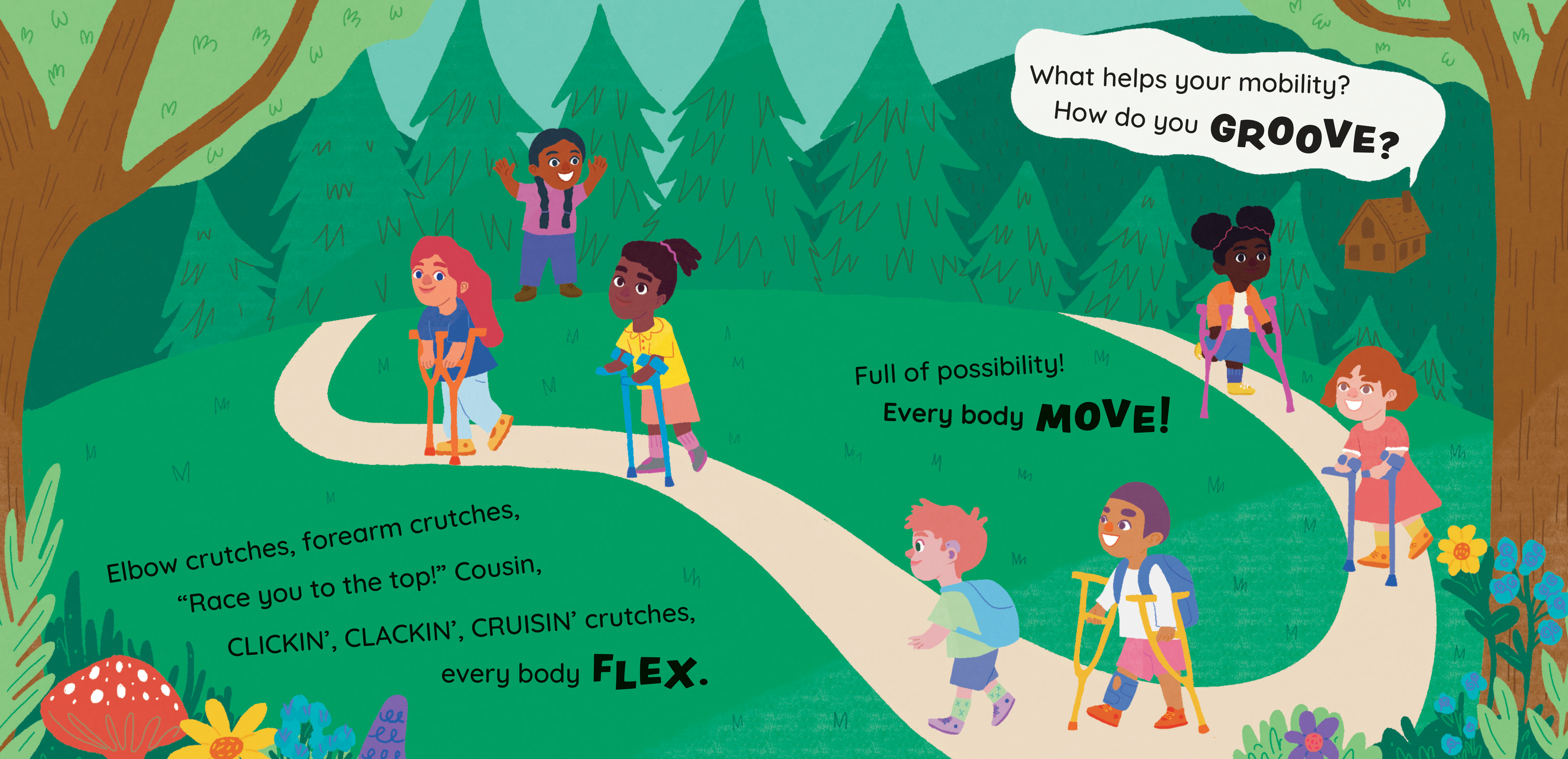 illustration from the childrens book, Every Body Move, of children in crutches walking down a forested road