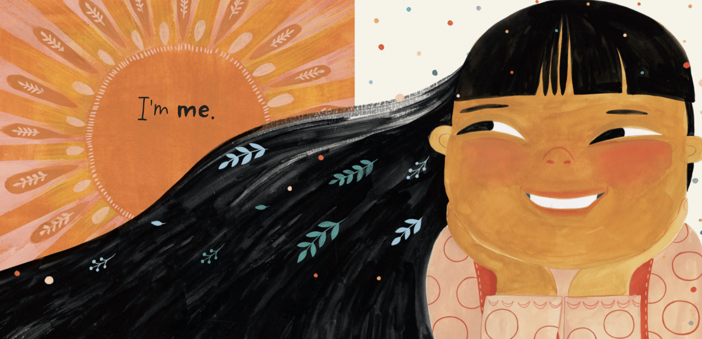 illustration from the childrens book, Some Days I'm the Wind, of a girl smiling at a glowing orange sun