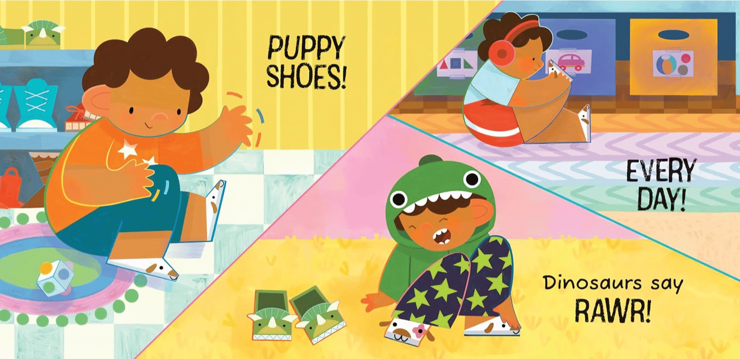 illustration from the childrens book, My Dinosaur Shoes of a child shaking his hands, wearing headphones and a dinosaur hoodies while sitting next to a pair of dinosaur shoes.