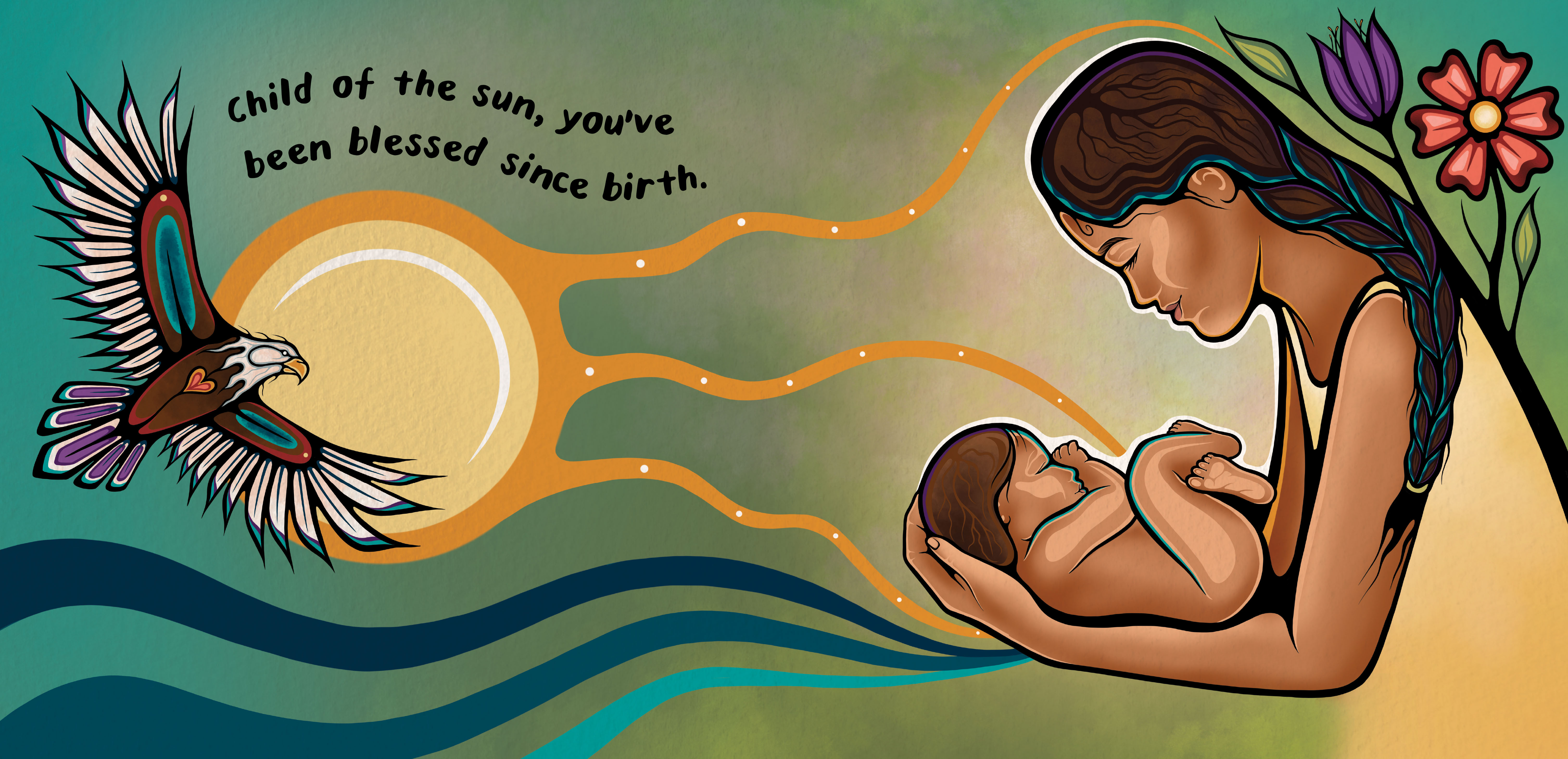 illustration of a mother holding her baby tenderly as a falcon flies overhead