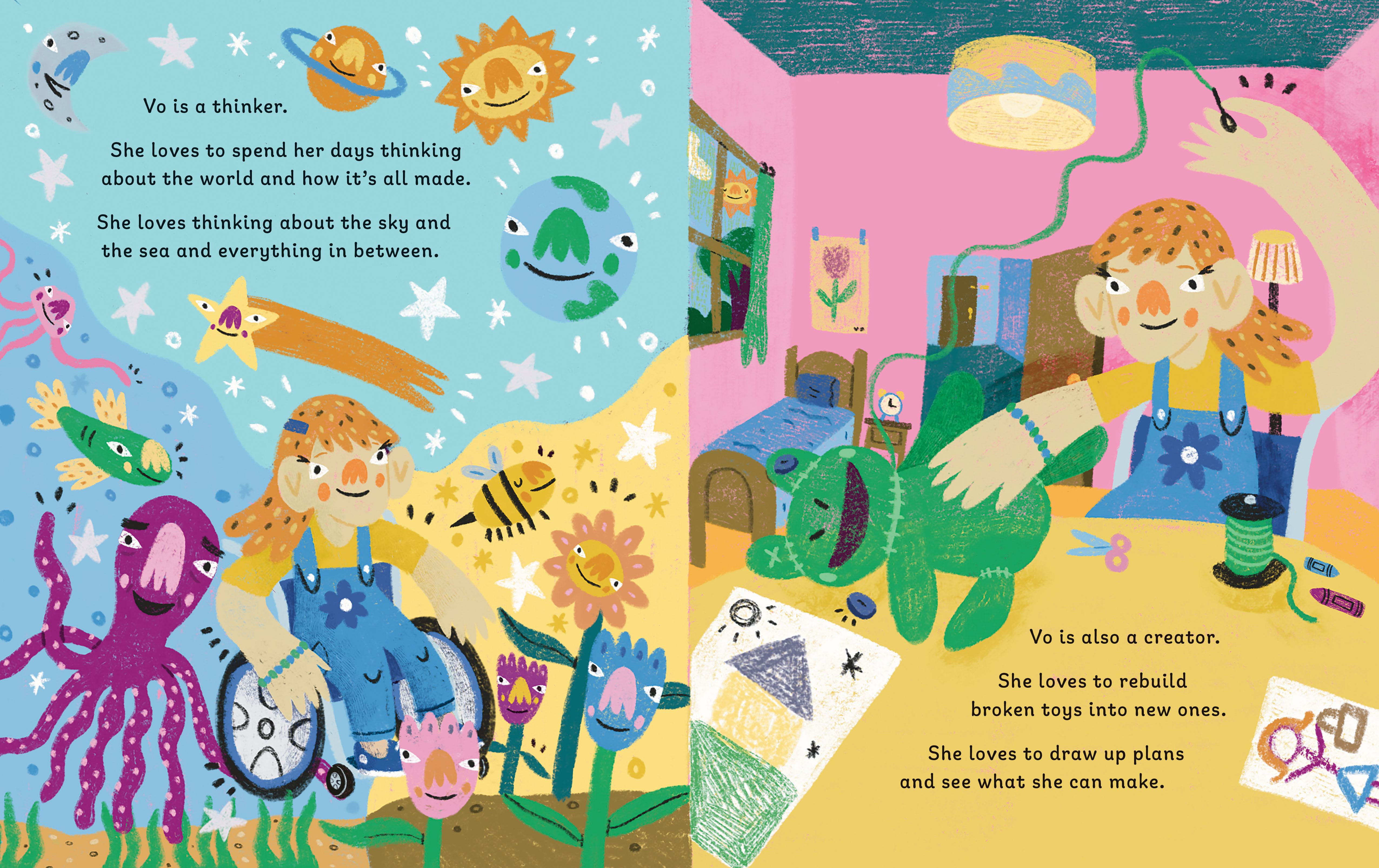 illustration from the childrens book, When I Grow Up I Want to Be a Chair of a child in her room, sewing a frog plush.