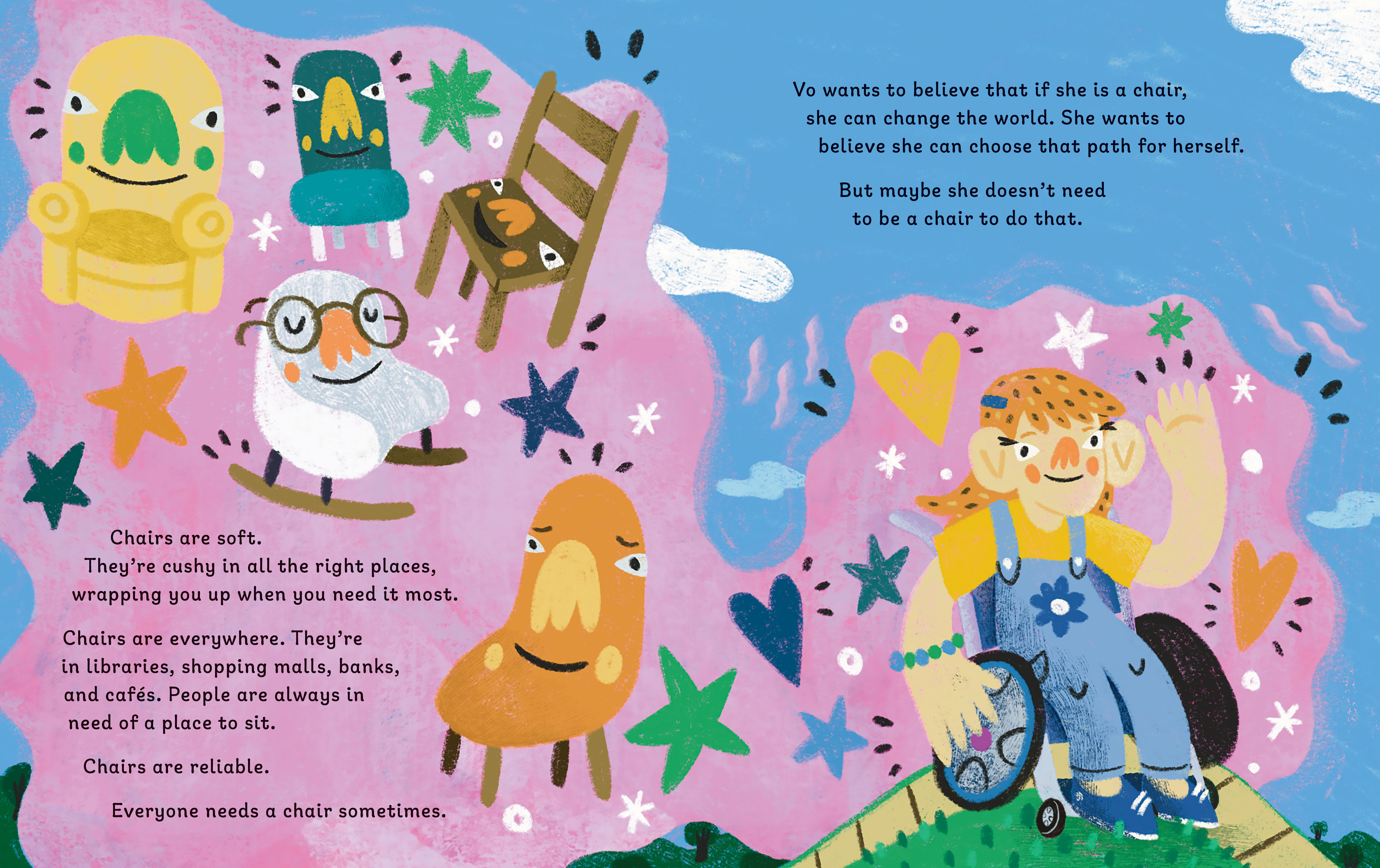 illustration from the childrens book, When I Grow Up I Want to Be a Chair of a child in a wheelchair imagining an array of chairs, including an armchair, wooden chair, and rocking chair.