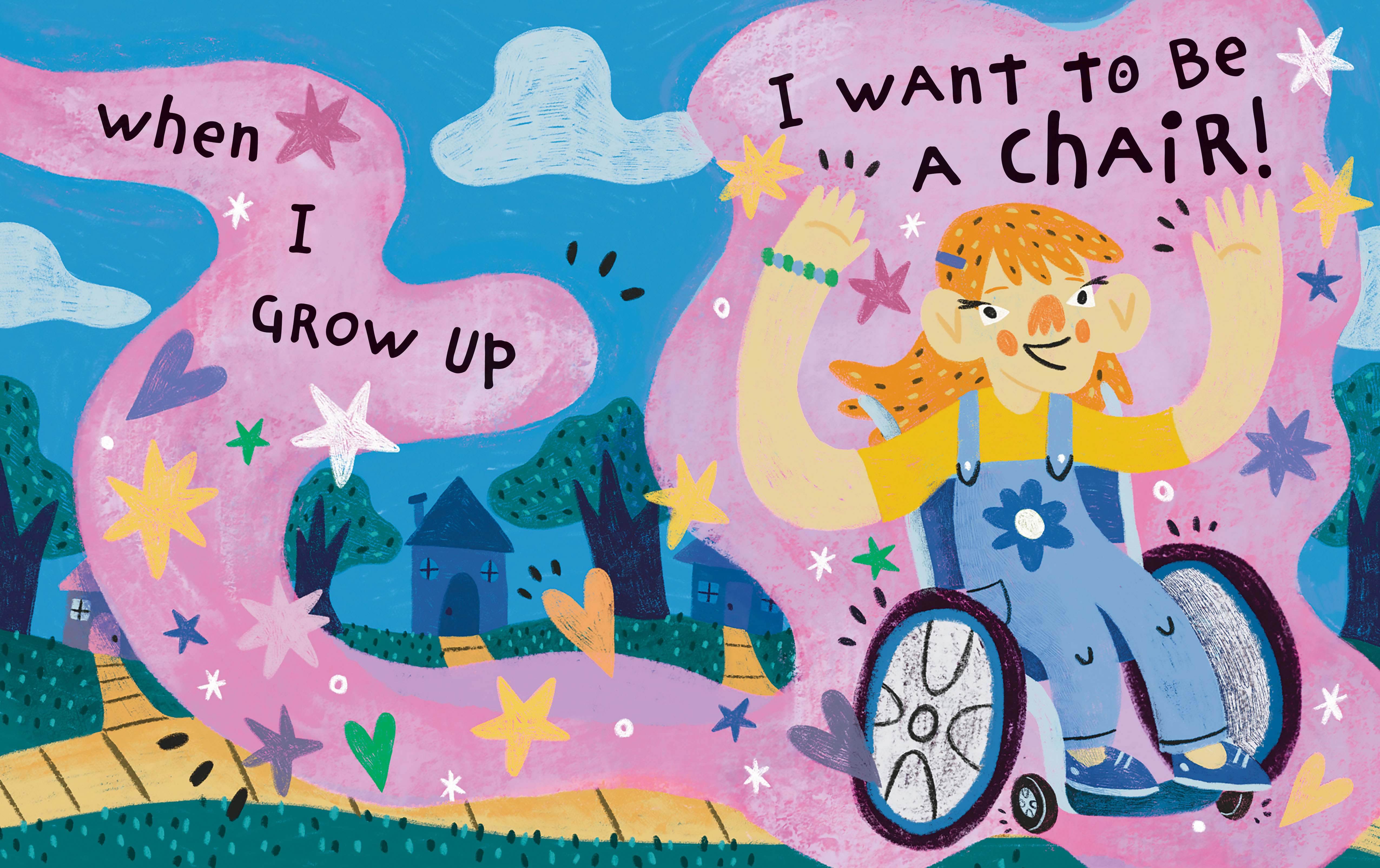 illustration from the childrens book, When I Grow Up I Want to Be a Chair of child riding down a sidewalk in a wheelchair.