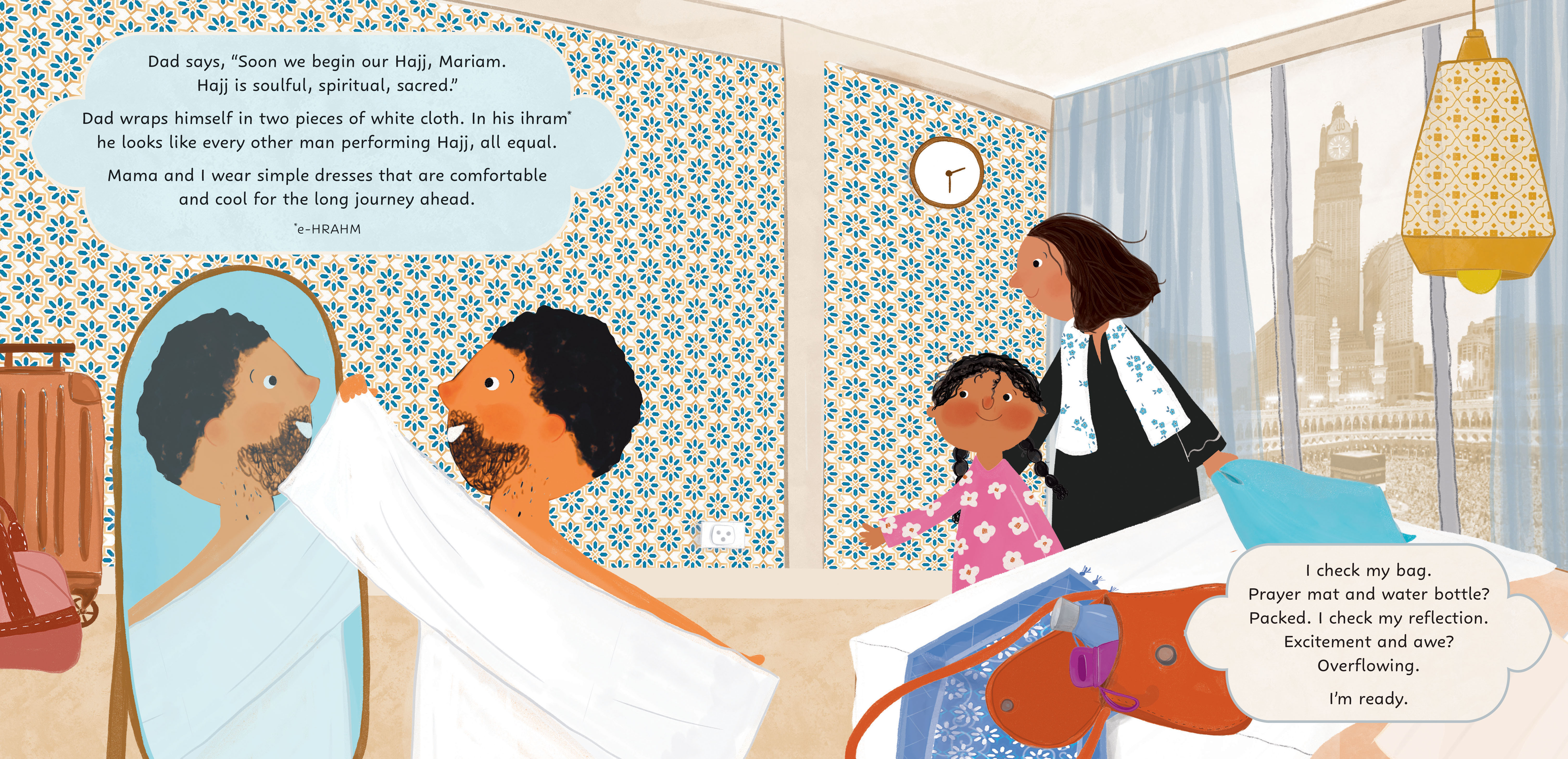 illustration from the childrens book, Zamzam for Everyone, of a family getting dressed for Hajj.
