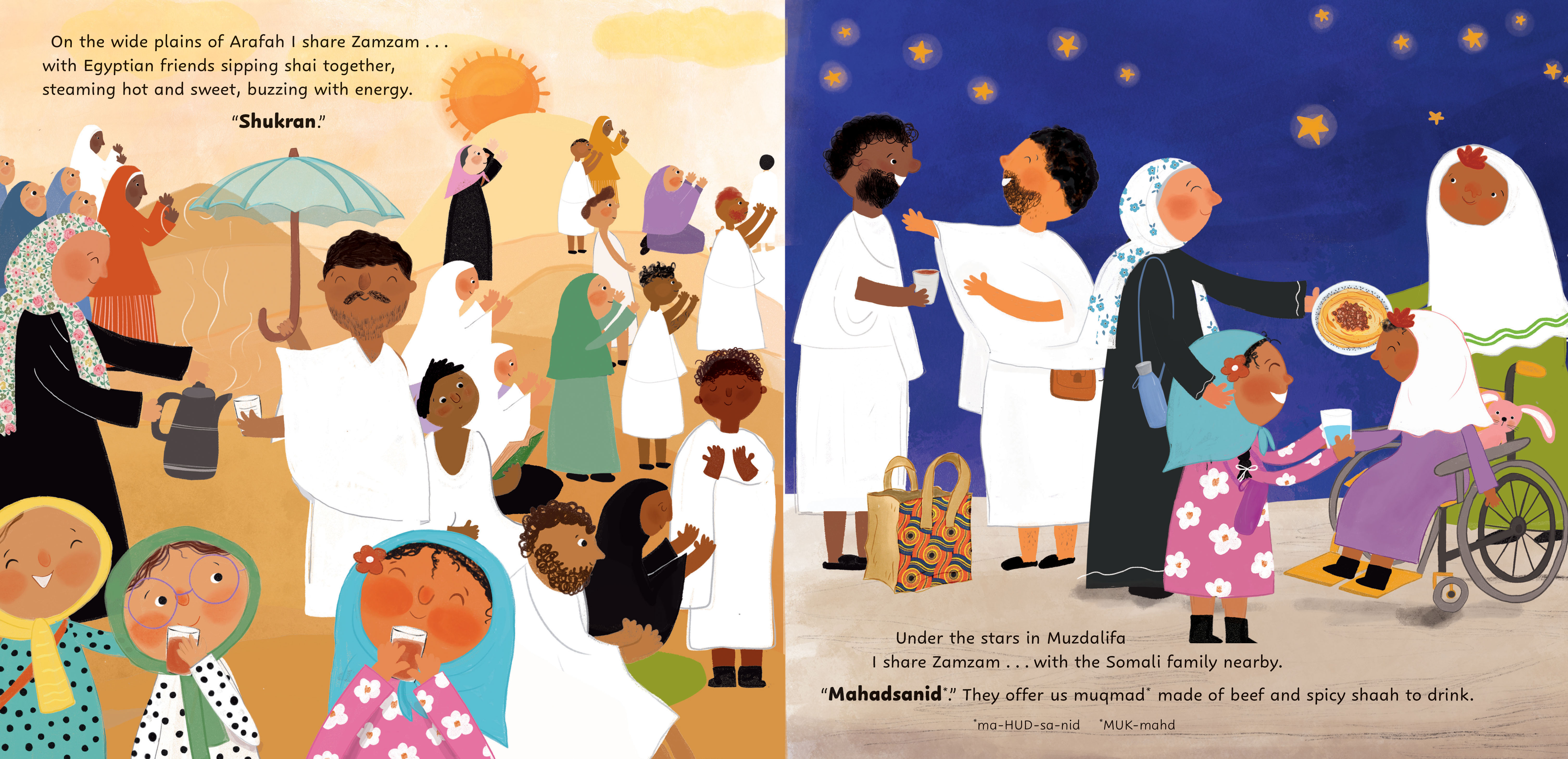 Illustration from the childrens book, Zamzam for Everyone, of families on the plains of Arafah sharing shai under the setting sun. The second page shows the community sharing muqmad under a starry night sky.