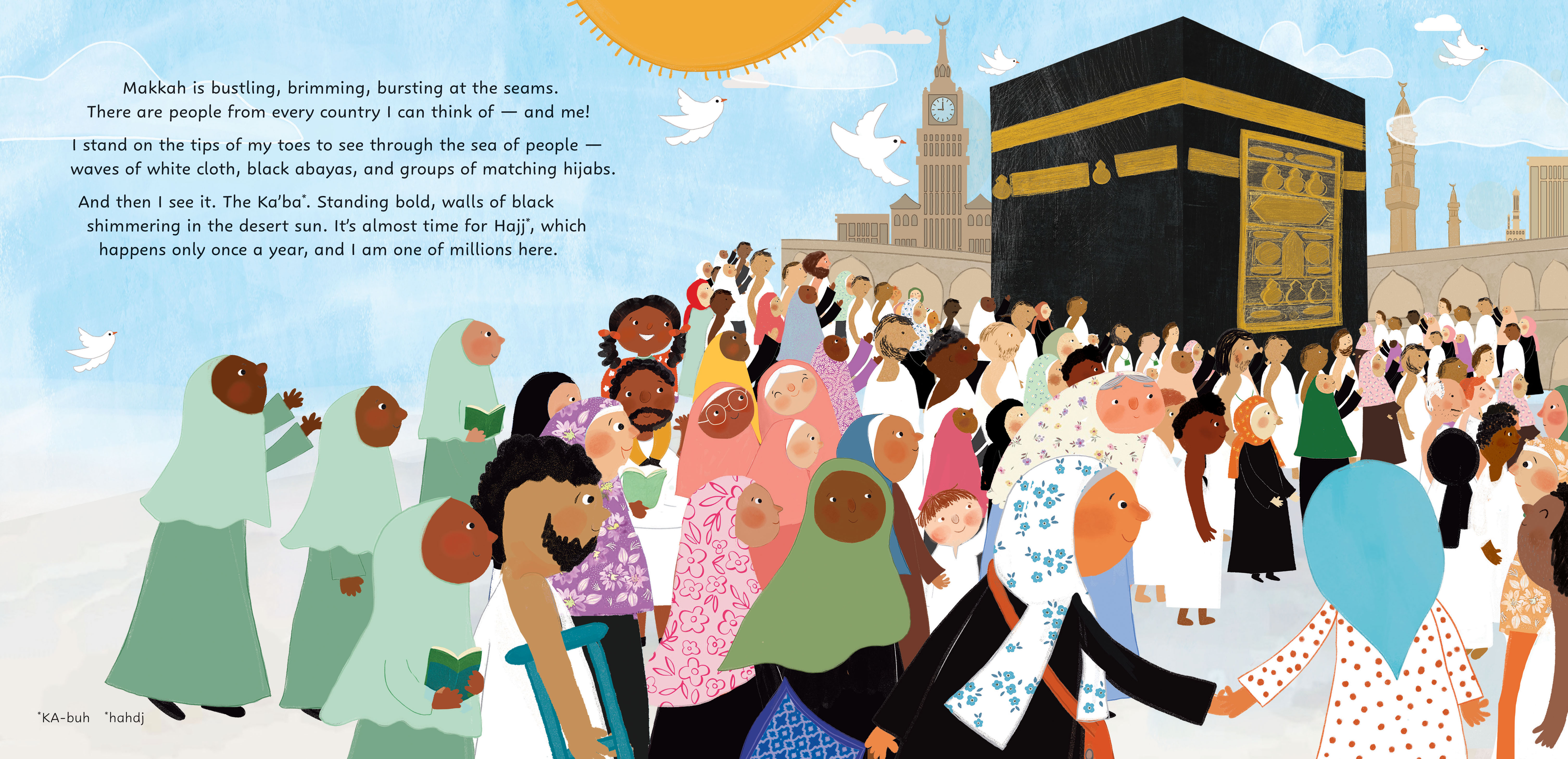 illustration from the childrens book, Zamzam for Everyone, of people in Makkah walking counter-clockwise around the Ka'ba, a tall black religious structure important for Hajj.