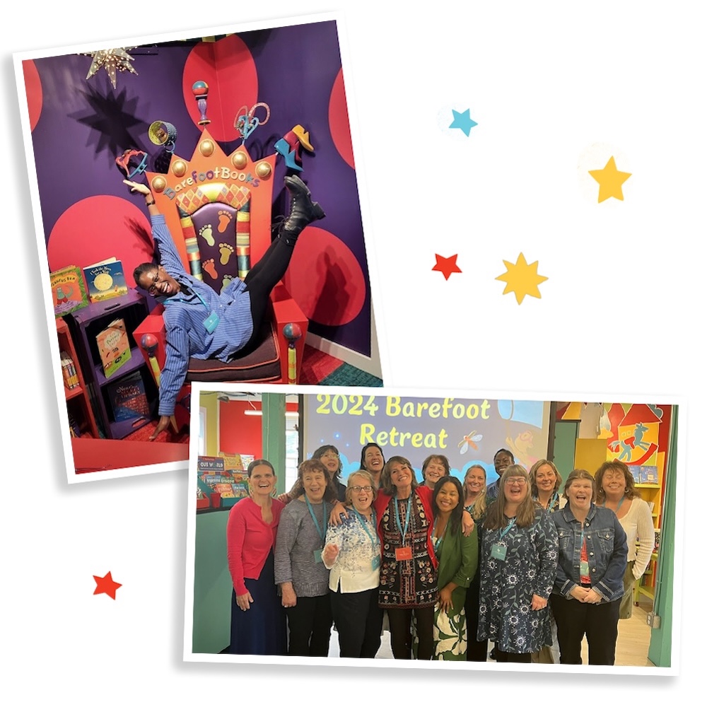 Two images - one of a community bookseller posing on a Barefoot Books throne, and one of a group of community booksellers and Co-founder Nancy Traversy at the 2024 Barefoot Retreat