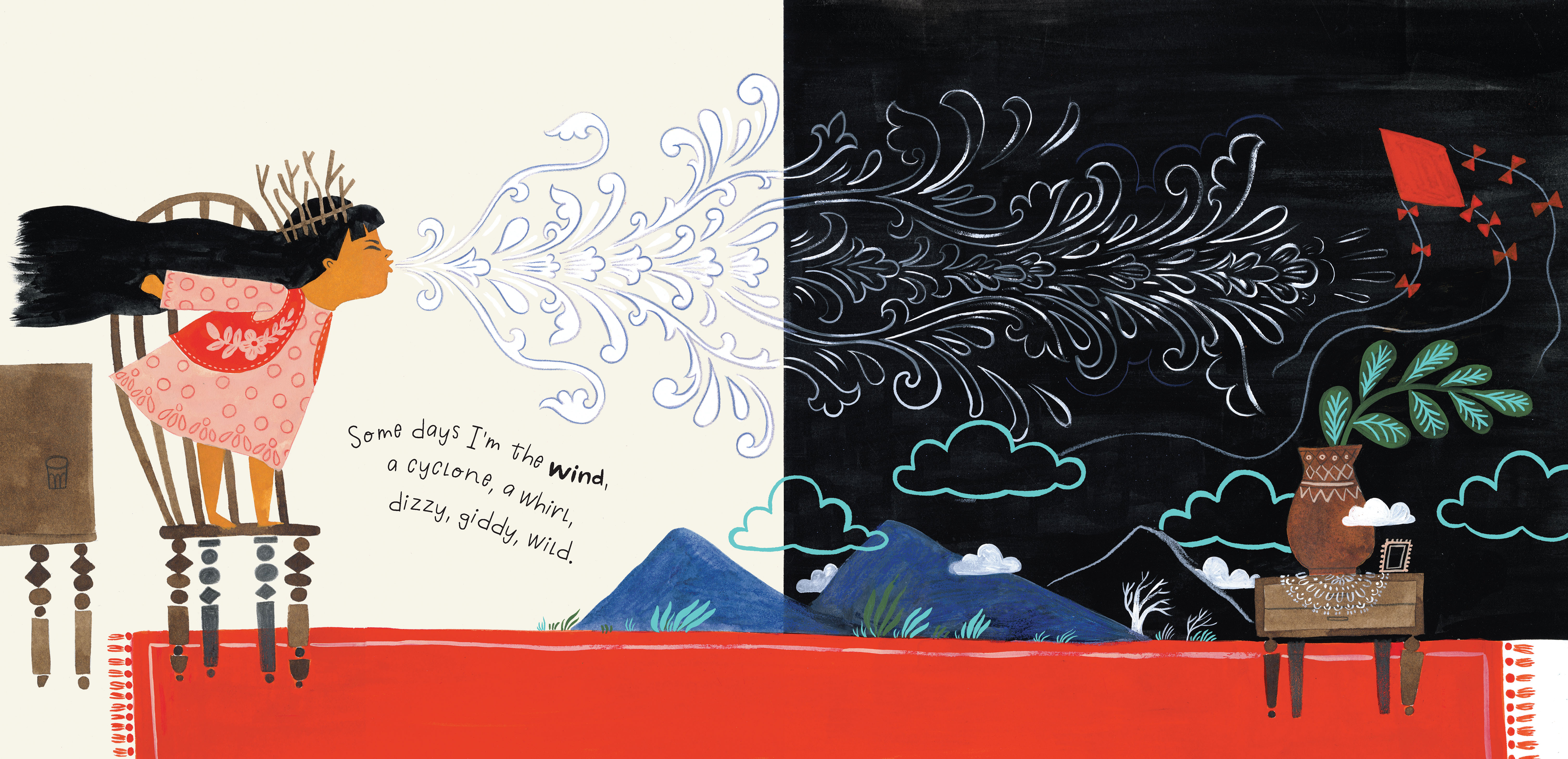 illustration from the childrens book, Some Days I'm the Wind, of a girl standing on a chair, blowing a cyclone of wind into a dark sky