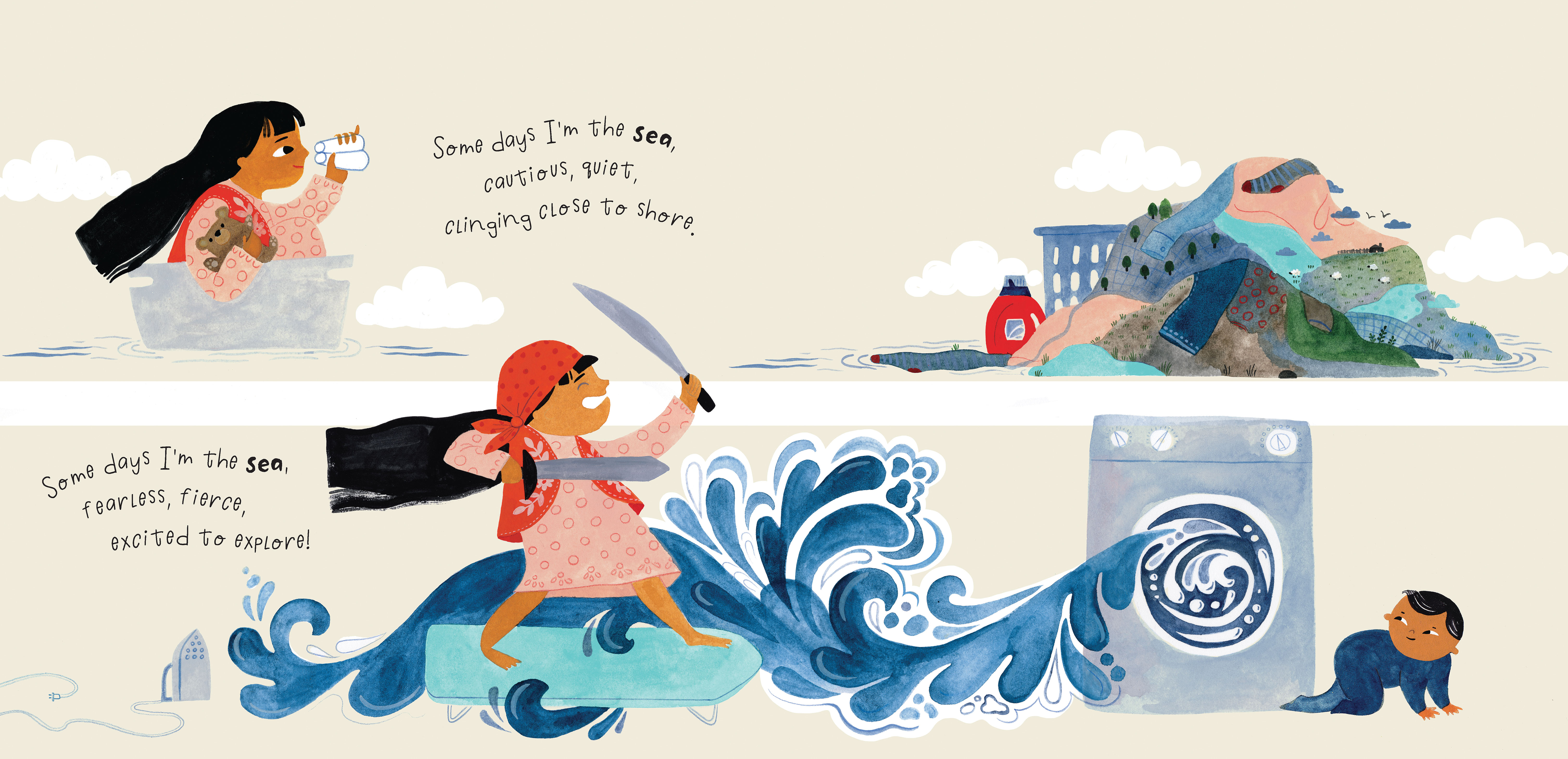 illustration from the childrens book, Some Days I'm the Wind, of a girl riding a laundry basket boat across an ocean to an island of piled clothes