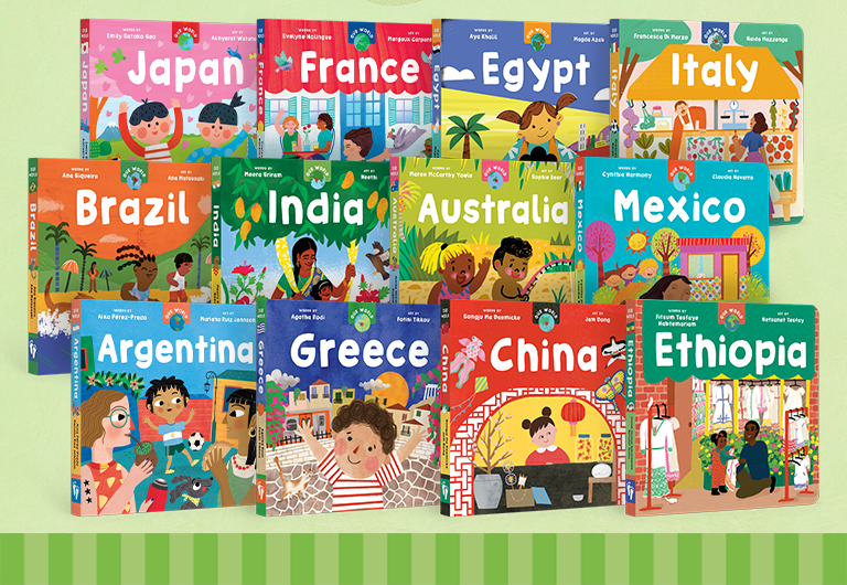 Image of three rows of books from our Our World board book series, featuring Brazil, Greece, Ethiopia, Egypt, Argentina, China, and more!