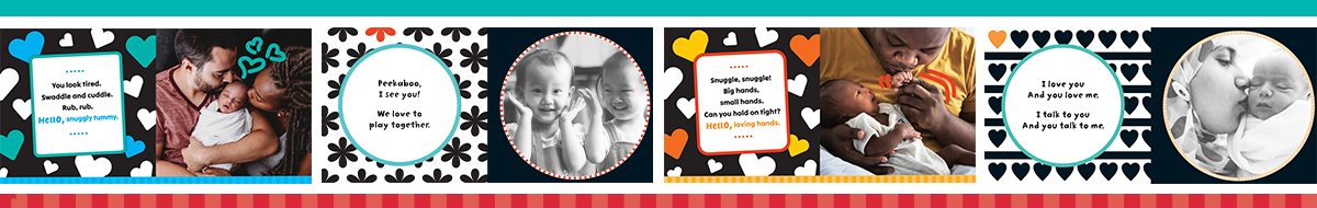 Four interiors from the Baby's Day and Hello, Body! series laid out with a teal and red border to form a page footer