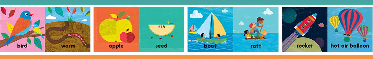Belly Time footer showing interior images from Belly Time books, including a bird, a worm underground, three apples, a sailboat, a raft, a rocket ship, and a hot air balloon.