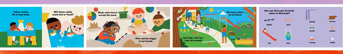 Four First Friends interiors laid out with a red and purple border to form a page footer