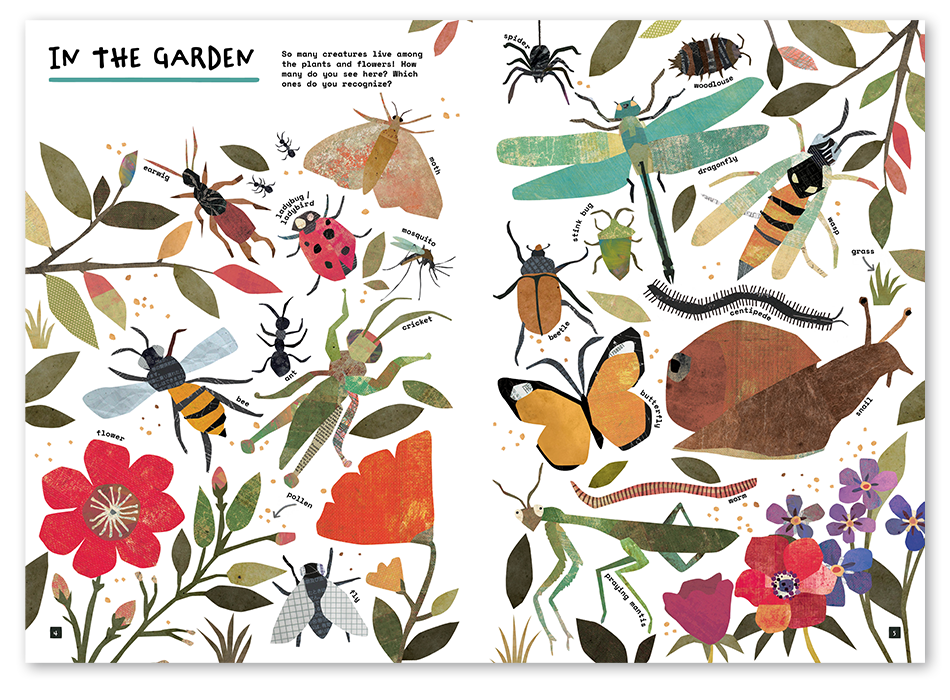 Interior image from So Many Things sticker book of insects and plants.