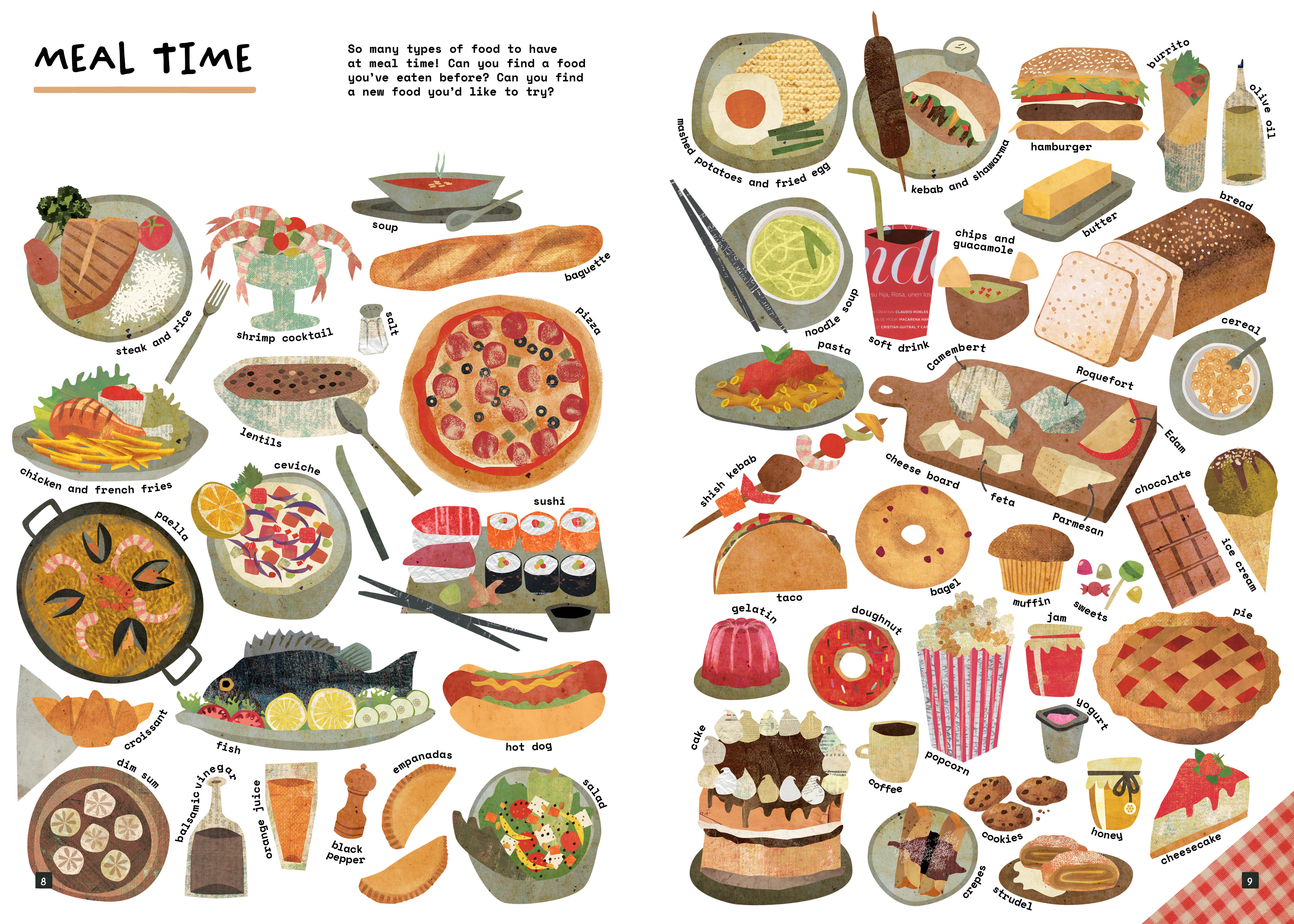Interior image from So Many Things sticker book of ingredients and dishes.